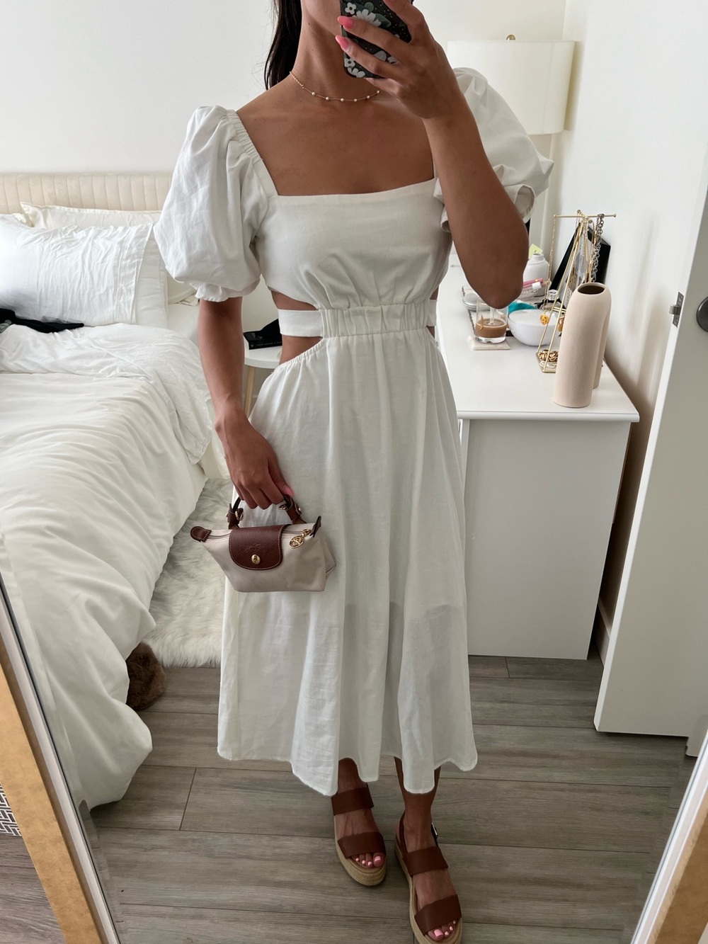 Puff Sleeve White Midi Dress